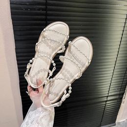 Sandals Simple Round Toe Summer Shoes Pearl Decorate Flats Ankle Buckles Women 2023 Sandalias Outdoor Casual Zapatillas