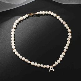 Real Freshwater Pearl Necklace Choker For Women Alphabet A-Z Shell Letter Initial Buckle Gold Colour Pendant Jewellery Gift238K
