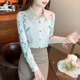 Women's Blouses Satin Casual Shirt Loose Prints Polo Neck Ladies Clothing Spring/Summer Long Sleeves Floral Fashion Tops