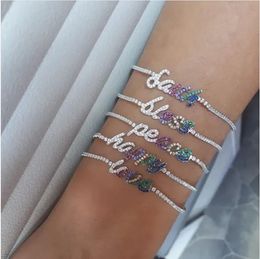 Charm Bracelets 2023 fashion letter words charm tennis chain bracelet multi Colourful cz bless peace happy love Jewellery 231102