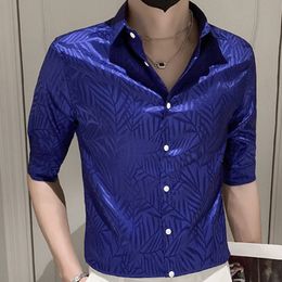 Lapel Satin Jacquard Shirts For Men Half Sleeve Casual Shirt Shinny Social Party Tuxedo Chemise Homme Streetwear Men Clothing