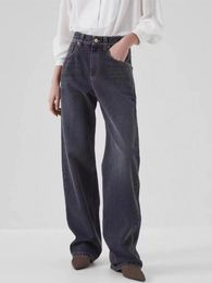 Women's Jeans 2023 Retro Dark Gray Early Autumn Ladies High Waist Straight Loose Wide Leg Denim Pants