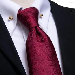 Bow Ties Hi-Tie Burgundy Paisley Silk Wedding Tie For Men Designer Hanky Cufflink Necktie With Collar Pin Party Business Dropship