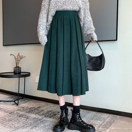 Skirts Long Leather Women's Autumn A Line Midi Green Skiing Korean Style High Waist Black Pleated Skiing Girl Chic Spring Mujer Faldas 230403