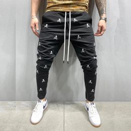 Men's Pants Y2K Jogging Tactical Black Harajuku Skull Embroidery Skinny Casual Trousers Man Hip Hop Feet Zip Up Track