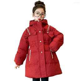 Down Coat Teens Winter Jacket Girls Puffer Thick Warm Windproof Quilted Cotton-Padded Parka Hoodie Bow Sweet Lace Kids Snow Outerwear