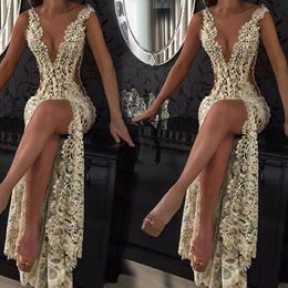 Sexy Custom Deep V-Neck Mermaid Evening Dresses Floor-Length Beaded Applique Lace long Thigh-High Slits Illusion Prom Party Gown