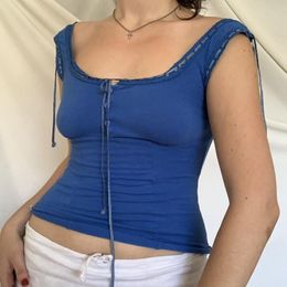 Camisoles Tanks Y2K Tie Up Ribbons Lace Trim Sleeveless Crop Tops Summer Blue Milkmaid Tank Top 90s Vintage Beach Holiday Camis Vest Clothes 230403