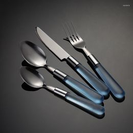 Dinnerware Sets Western Cutlery With Plastic Handles Stainless Steel Frosted Knife Fork Spoon Set Tableware Utensils For Kitchen