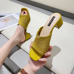 Women Summer Shoes Mules Slides Peep Toe High Heels Sandals Female Shoe Casual Square Heel adf