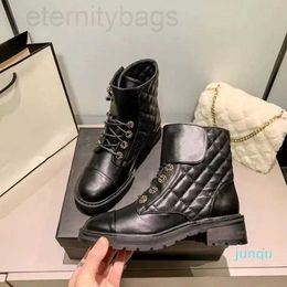 and 2022 autumn winter boots Ling lattice lace up short booties small fragrance thick bottom thick heel leather Colour matching Martin boot women CCity