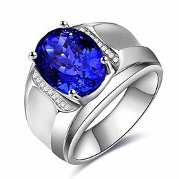 Cluster Rings Fashion Blue Sapphire Gemstones Crystal Zircon Diamonds For Men White Gold Silver Jewelry Argent Bague Party Accessories