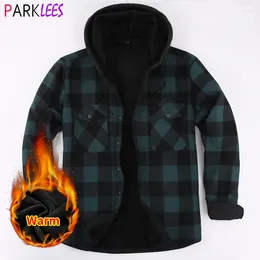 Men's Casual Shirts Mens Green Hooded Plaid Winter Shirt Jacket Fleece Linend Warm Long Sleeve Western Cowboy Flannel Checkered Chemise