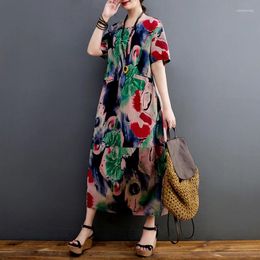Party Dresses Korean Fashion Short Sleeve Print Floral For Women Loose Casual Vintage Long Midi Dress Elegant Clothes Summer 2023