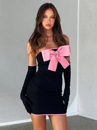 Casual Dresses 2023 Spring Pink Bowknot Gloves Sexy Dress For Women Strapless Backless Bodycon Package Hip Birthday Party Evening Black