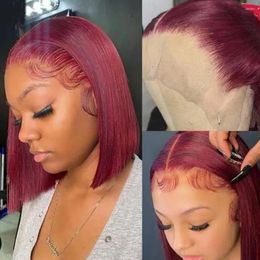 Straight Short Bob Human Hair Wig For Women Blunt Cut Bone Lace Frontal Wigs Burgundy 99J Front Straigh