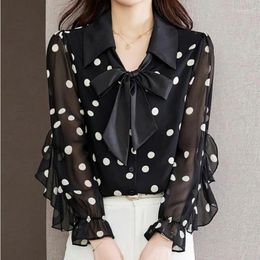 Women's Blouses Commute Polka Dot Printed Shirt Casual Ruffles Spliced Female Clothing Single-breasted Spring Polo-Neck Drawstring Bow