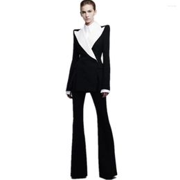 Women's Two Piece Pants 2023 Pieces Black Womem Suits With Big White Lapel Female Work Blazer Business Ladies (Jacket Pants)