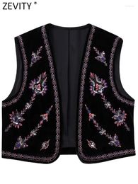 Women's Vests Zevity Women Vintage Sequins Flower Embroidery Short Velvet Vest Jacket Ladies Sleeveless Casual Cardigan WaistCoat Tops