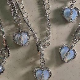 Pendant Necklaces Kpop Stone Heart Necklace Layered Split Broken Clavicle Chain Hollow Choker Y2K Aesthetic Neck Jewellery