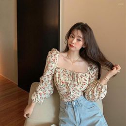 Women's Blouses Women Top Flower Print Square Neck Low-cut Long Sleeves Drawstring Dress-up Pullover Bubble Lady Summer T-shirt Clothing