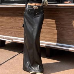 Skirts 2023 Package Hips Maxi Long SkirtsBlack Back Slit PU Leather Pencil Skirt With Belt Women
