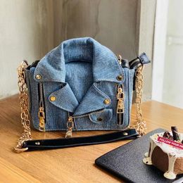 Evening Bags FIRMRANCH Vintage Washed Brushed Denim Motorcycle Small Jacket Modelling Chain Shoulder Wide Webbing Crossbody Bag Woman Purse 230403