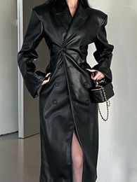Women's Leather Black Long Faux Jacket Women Suit Collar Autumn Slim Fit Fashion Coat For