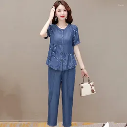 Women's Two Piece Pants High End Denim Casual Suit Women 2023 Summer Thin Print Short Sleeved Single Breasted Top Cropped 2PCS Set Female