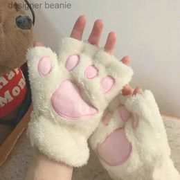 Five Fingers Gloves Soft Warm Plush Fingerless Panda Gs Flip Half Finger Mittens Women Winter Cute Cat P Fluffy G Girls Christmas GiftsL231103