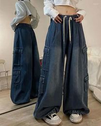 Women's Jeans GIDYQ Vintage Big Pocket Cargo Women Y2k Hiphop Elastic Waist Straight Wide Leg Pants Oversized Baggy Denim Trousers