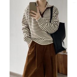 Women's Sweaters Women Long Sleeve Turn Down Collar Striped Pullovers Loose Fit High Street Jumpers Slight Strech Regular Autumn