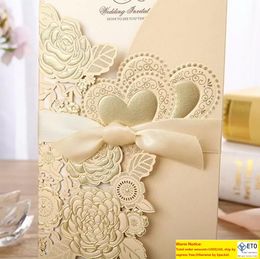 New 4Pcs Set Gold Laser Cut Wedding Invitation Card Rose Love Heart Greeting Cards Customise Envelopes With Ribbon Event Party Supplies