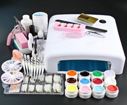 Nail Manicure Set Whole Professional Full 12 Color UV Gel Kit Brush Art 36W Curing Lamp Dryer Curining Tools1554903