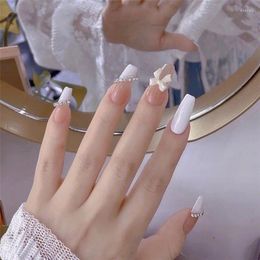 False Nails White French Coffin Fake Butterfly Design Korean Style Artificial Fingernail Tips Press On Nail For Girl 24pcs