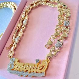 Pendant Necklaces Personalised Necklace Custom Gold Plated Name Teddy Heart XOXO Chain Double Layer Two Tone with 231102