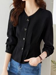 Women's Blouses QOERLIN Metal Buttons Black Shirts Office Ladies Elegant Slim-Fit V-Neck Fashion Temperament Blouse Puff Sleeve Tops Long