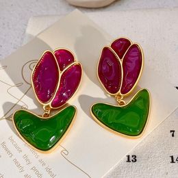 Dangle Earrings S925 Silver Needle Vintage Middle Court Purple Green Jelly Glass Stud Tulip