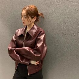 Women's Leather Retro Burgundy PU Jacket Top For Spring And Autumn Lapel Zipper Motorcycle Women