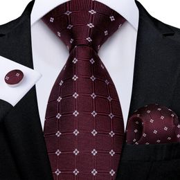 Bow Ties Dark Red Plaid Silk Ties for Men Classic 8cm Business Wedding Party Accessories Pocket Square Cufflinks Gift DiBanGu Dropship 231102