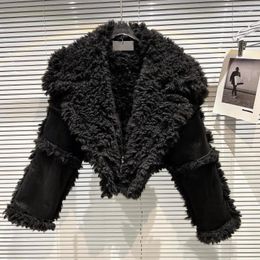 Women's Leather 2023 Winter Collection Long Sleeve Big Turn Down Collar Faux Fur Black Pu Jacket Women Blazer Coat GH141