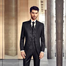 Men's Suits & Blazers Black Tunic Groom Tuxedos For Wedding Retro Slim Fit Men With Stand Collar Double Breasted 3 Piece Set Jacket Pants Ve