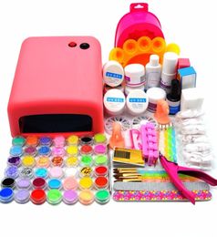 Nail Manicure Set Whole 36W Pink UV Lamp Acrylic Gel Powder Liquid Glitter Primer Crystal Brush Buffer Tools Kit2935511
