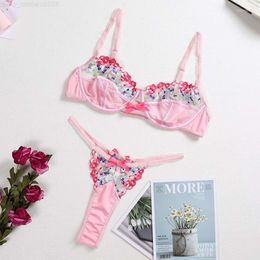 Bras Sets Sexy Lace Flower Underwear Set Embroidered Underwire Women Push Up Bra Mesh See-through Thin Thong Sex Lingerie