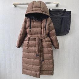 Women's Trench Coats High Quality Winter Down Jacket Women Fashion Double Sided Wearable Hooded Belt Waist Thicken Windproof Warm Long Coat