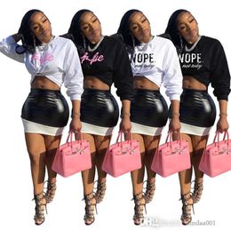 Designer Women Two Piece Dress Outfits Sexy Letter Print Long Sleeve T-shirt And PU Leather Skirt Suits Skirts Short Sets