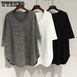 Women's T Shirts WTEMPO Women Spring Summer Curved Hem Korean Loose Mid-length V-Neck T-Shirts Short Batwing Sleeve Casual Solid Thin Tops