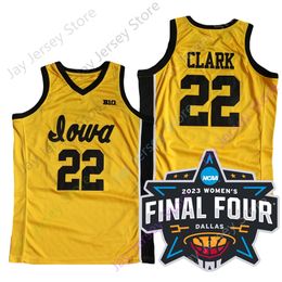 2023 Women Final Four 4 Jersey New NCAA Iowa Hawkeyes Basketball 22 Caitlin Clark College Size Youth Adult White Yellow Round Collor