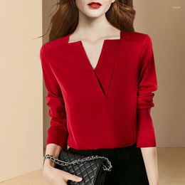 Women's Blouses Spring Office Lady Red Elegant Fashion Shirt Women Long Sleeve Temperament V-Neck Casual All-match Blouse Blusa