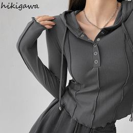 Women's T-Shirt Crop Tops Fashion T-shirts for Women Hooded Sweatshirt Long Sleeve Tees Y2k Clothes Korean Casual Woman Tshirts Ropa Mujer 230403